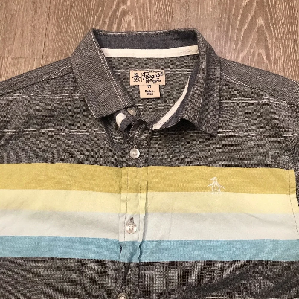 Original Penguin Boys‎ Grey Striped Button Down Shirt Size 8Y